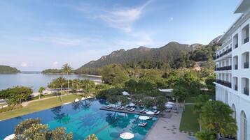 Outdoor pool, pool umbrellas, pool loungers