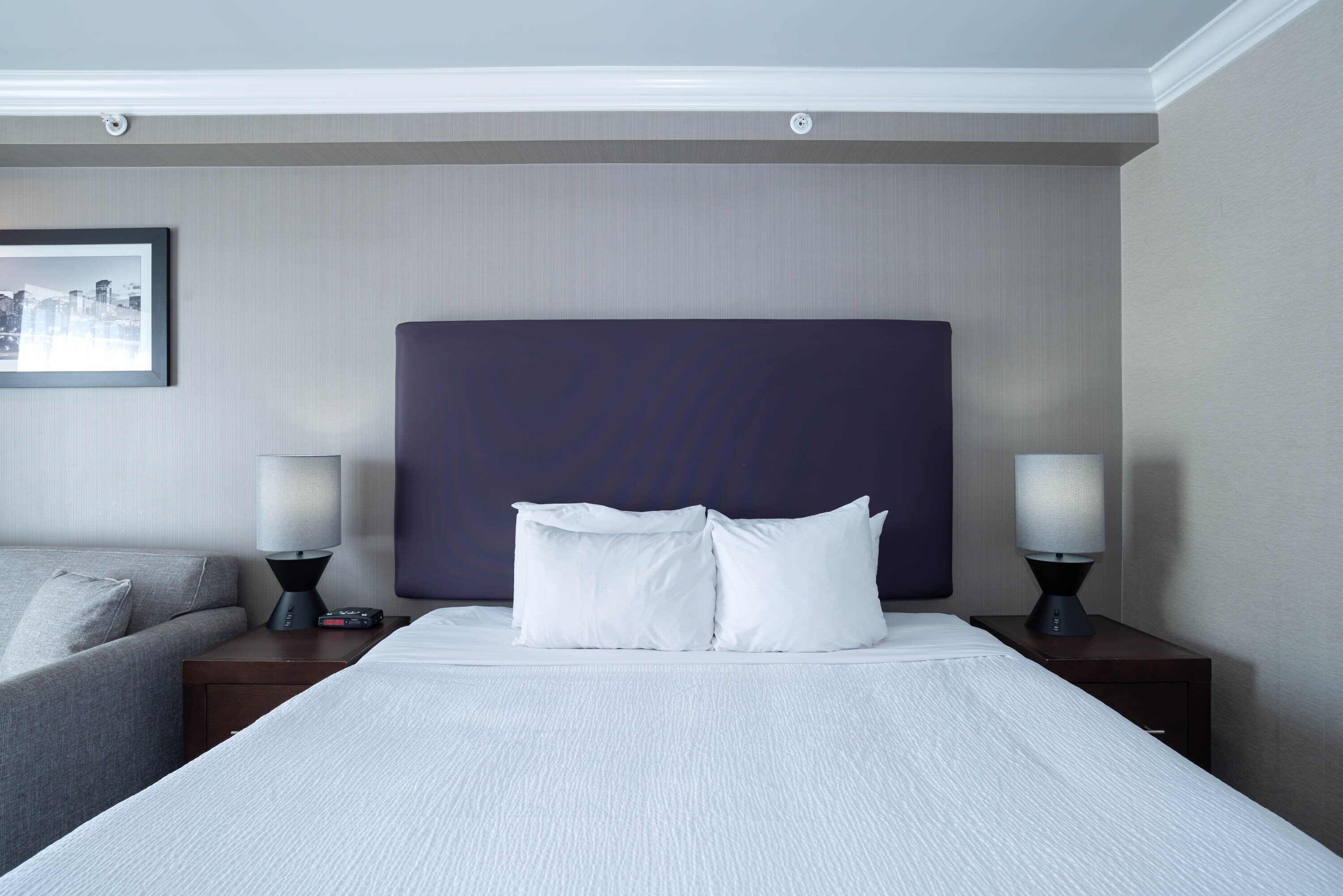 Habitación de hotel con una cama grande, dos mesitas de noche, cabecero y un cuadro en la pared.