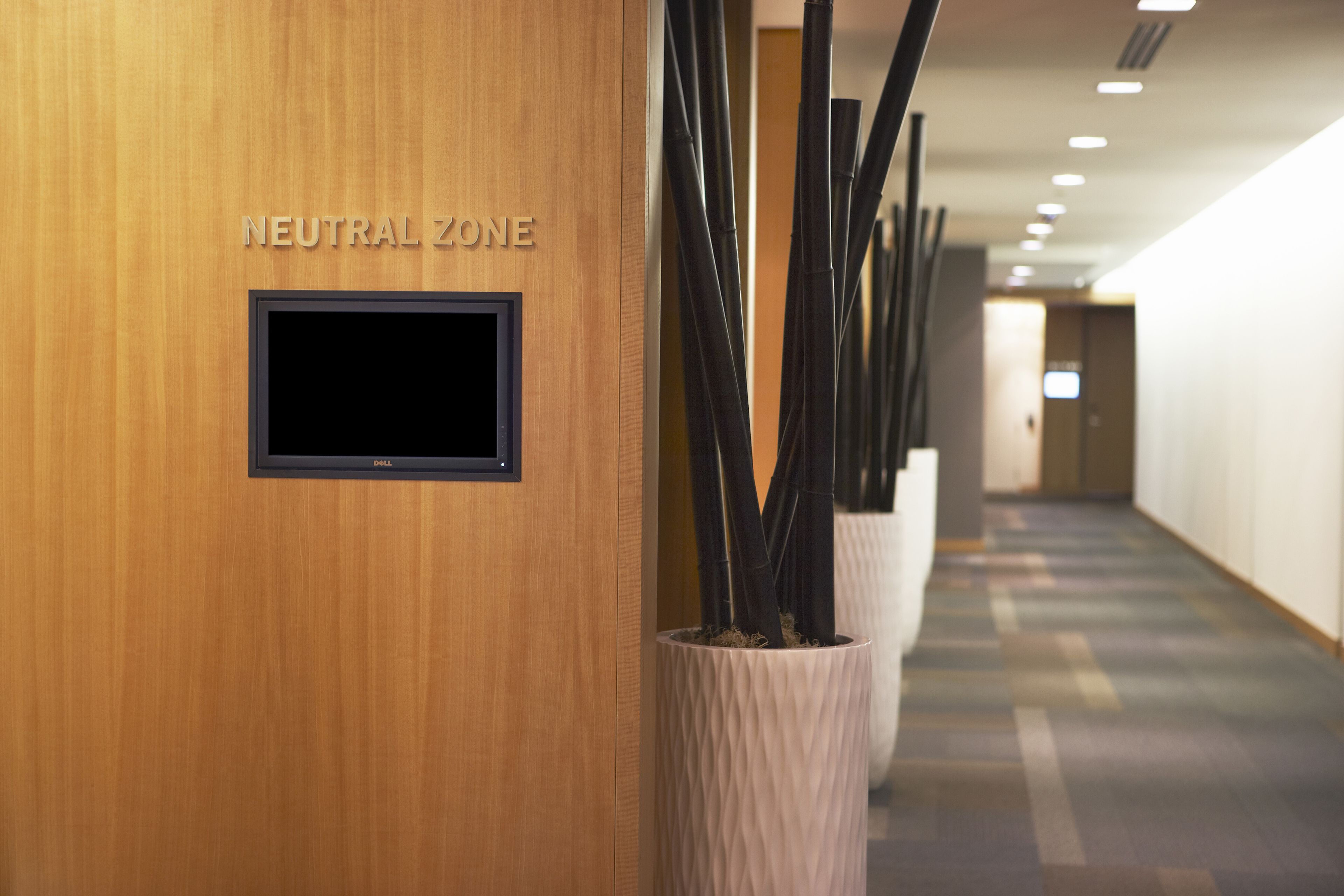 Un pasillo con un letrero que dice 'NEUTRAL ZONE', un televisor de pantalla plana montado en la pared y altos jarrones estrechos con plantas.