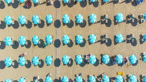 Vista aérea de una playa con hileras de sombrillas azules y sillas de descanso blancas.