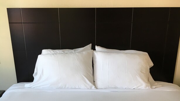 Una cama bien tendida con sábanas y almohadas blancas, un cabecero oscuro y una pared lisa.