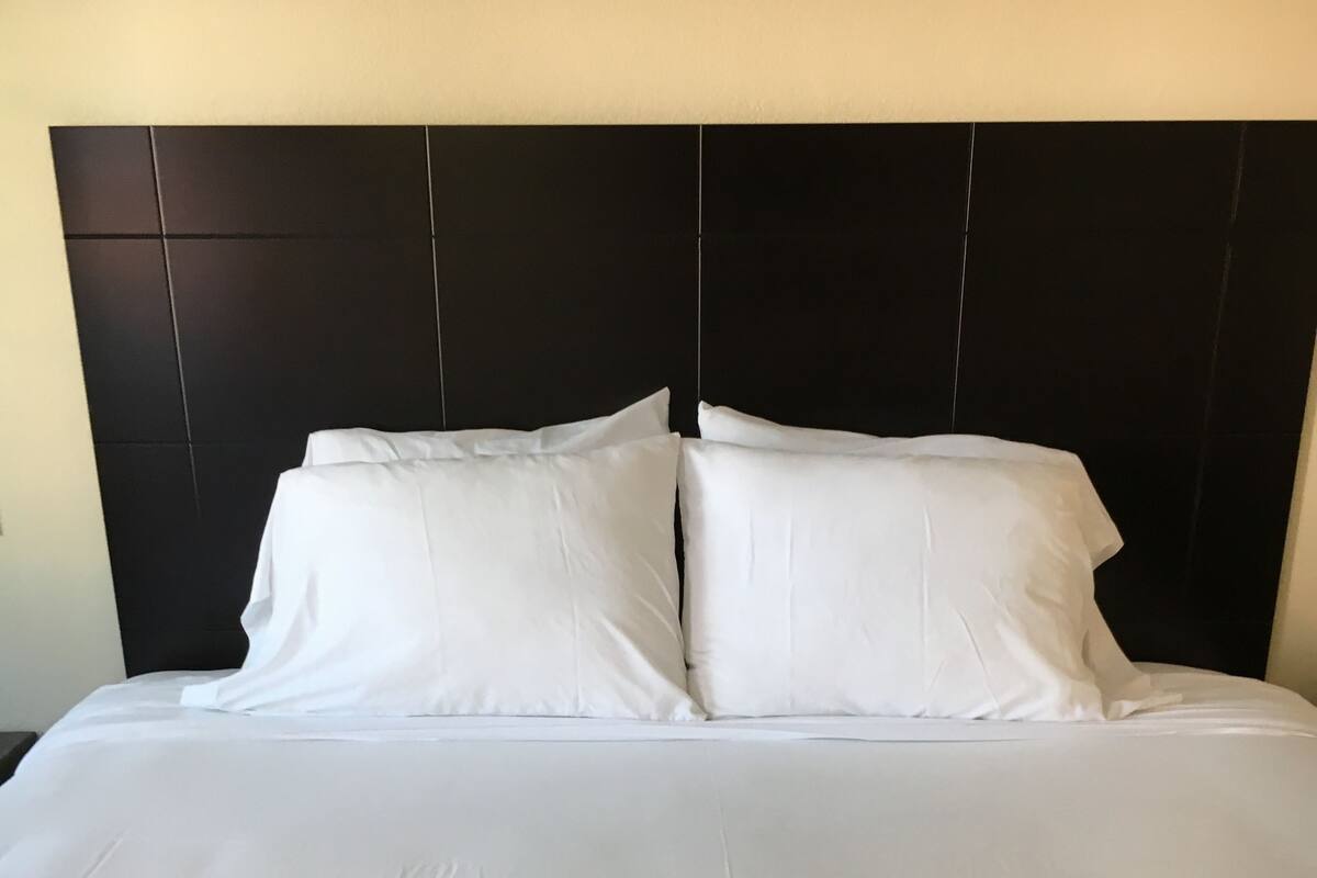 A neatly made bed with white linens and pillows, a dark headboard, and a plain wall.