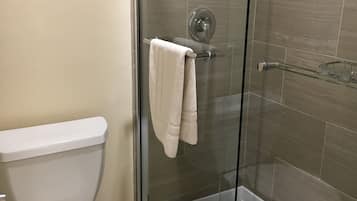 A bathroom with a toilet, a glass shower enclosure, and a towel rack.