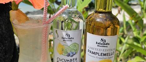 A glass with a straw, a bottle of cucumber dry gin, and a bottle of pamplemello liqueur on a wooden surface.