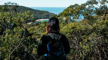 A person with a backpack overlooking a coastal landscape with hills and trees.