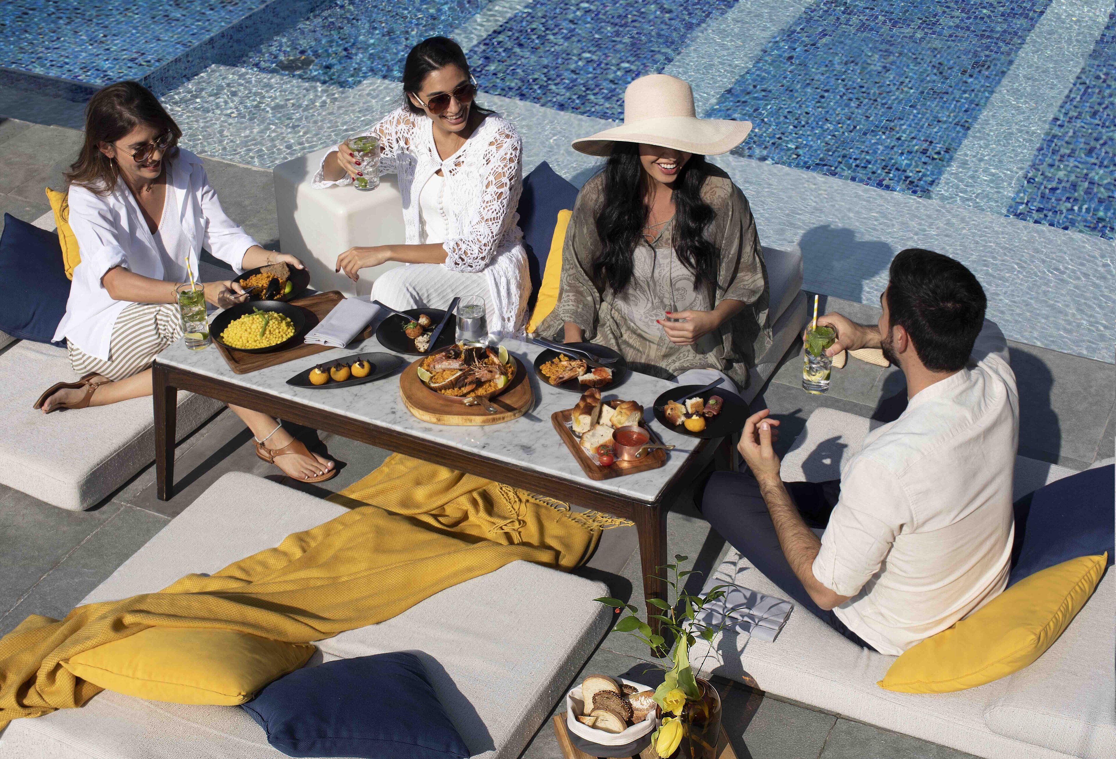 outdoor pool, pool umbrellas, pool loungers