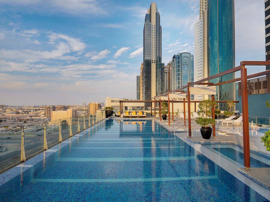 Outdoor pool, pool umbrellas, pool loungers
