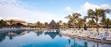 Outdoor pool, pool umbrellas, pool loungers