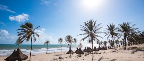 En la playa, camastros, sombrillas y toallas de playa 