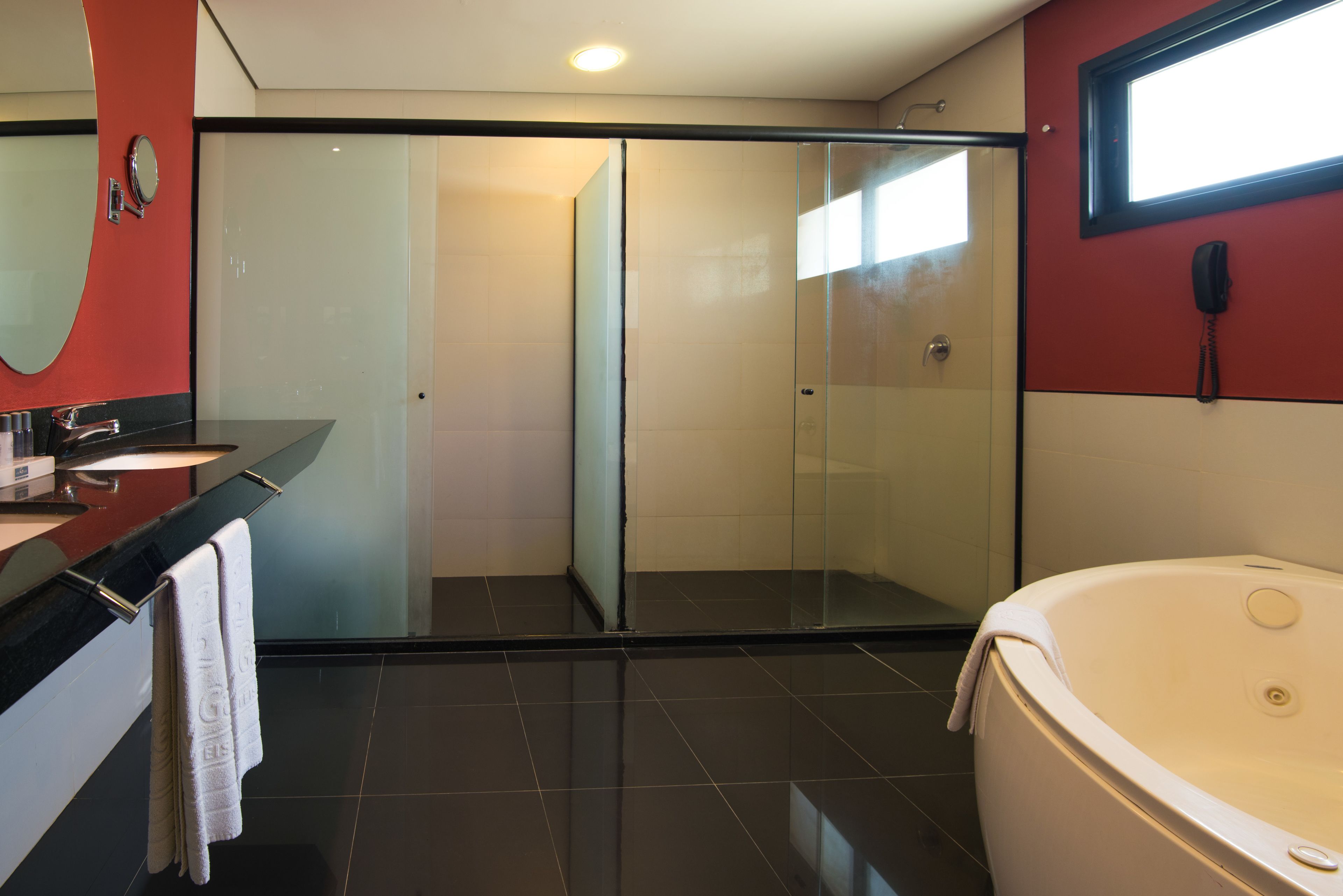 A modern bathroom with a glass shower enclosure, a large bathtub, and a vanity with a mirror and towel rack.