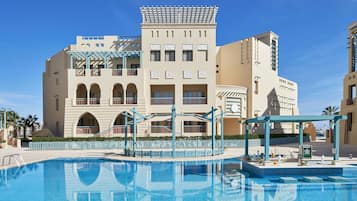 Outdoor pool, pool umbrellas, pool loungers