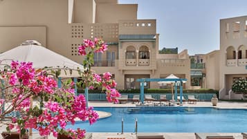 Outdoor pool, pool umbrellas, pool loungers