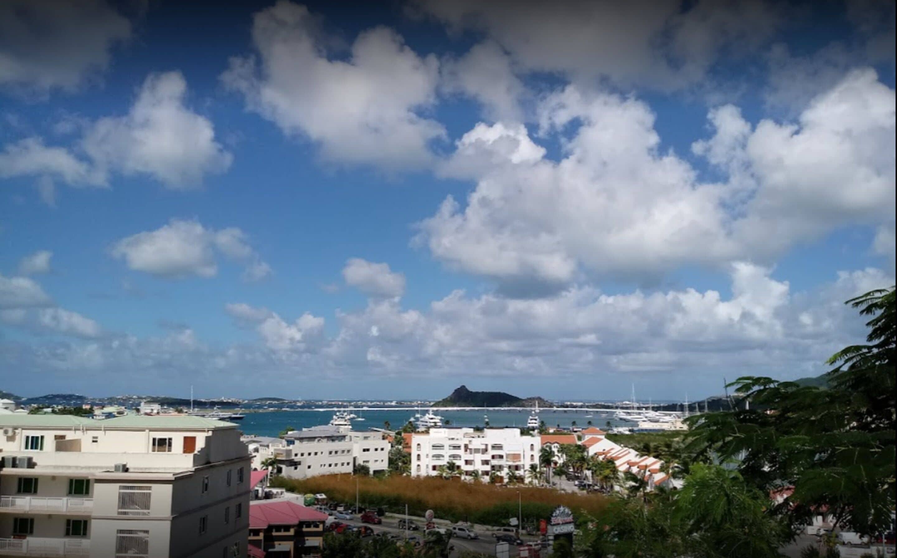 A coastal town with buildings, a marina, and a mountain in the distance.