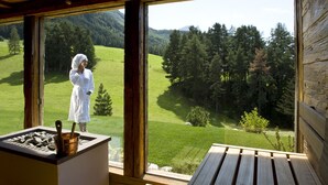 A wooden cabin with a large window overlooking a green landscape. - Chalet Tianes (Castelrotto)