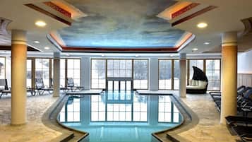 Indoor pool, outdoor pool, open 7:00 AM to 7:00 PM, pool umbrellas