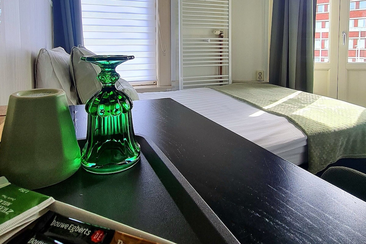 1 bedroom, hypo-allergenic bedding, desk, blackout curtains
