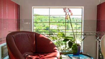 A room with a leather chair, a table with a book, and a window with a view of greenery.