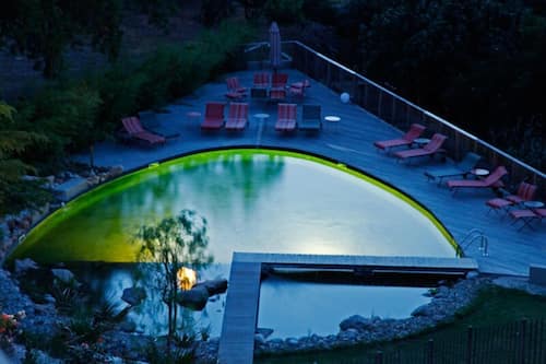Outdoor pool, pool umbrellas, pool loungers