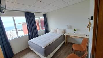 A bedroom with a bed, a desk, two chairs, a window with curtains, and a view of buildings outside.