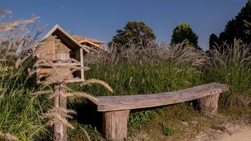 A rustic wooden bench in a natural setting with tall grasses and a wooden structure in the background.
