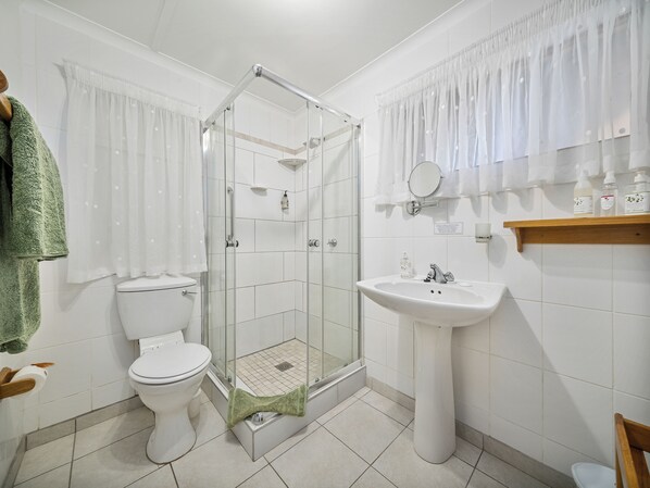 A bathroom with a glass-enclosed shower, a white sink, and a toilet. - Pumula Lodge Guesthouse Knysna (Knysna)
