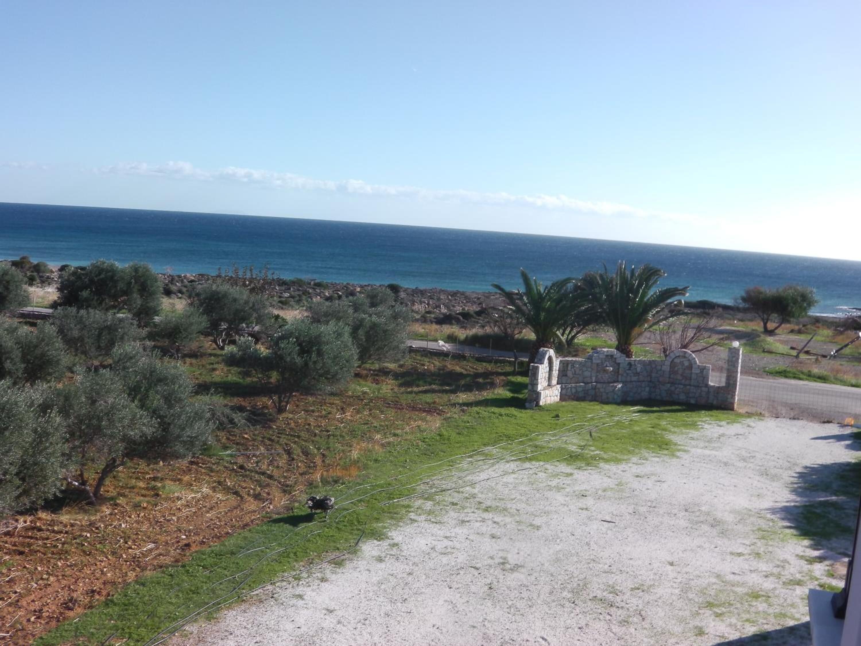 A coastal landscape with a stone wall, a dirt path, and sparse vegetation.