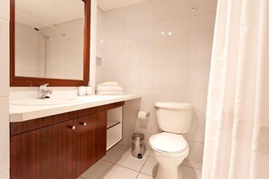 A modern bathroom with a white sink, wooden vanity, a toilet, and a shower area. - Plaza Suites (Santiago)
