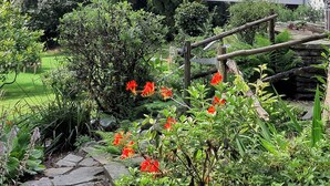 A garden with a variety of plants and a small bridge leading to a balcony. - Tir-y-Coed Country House (Conwy)
