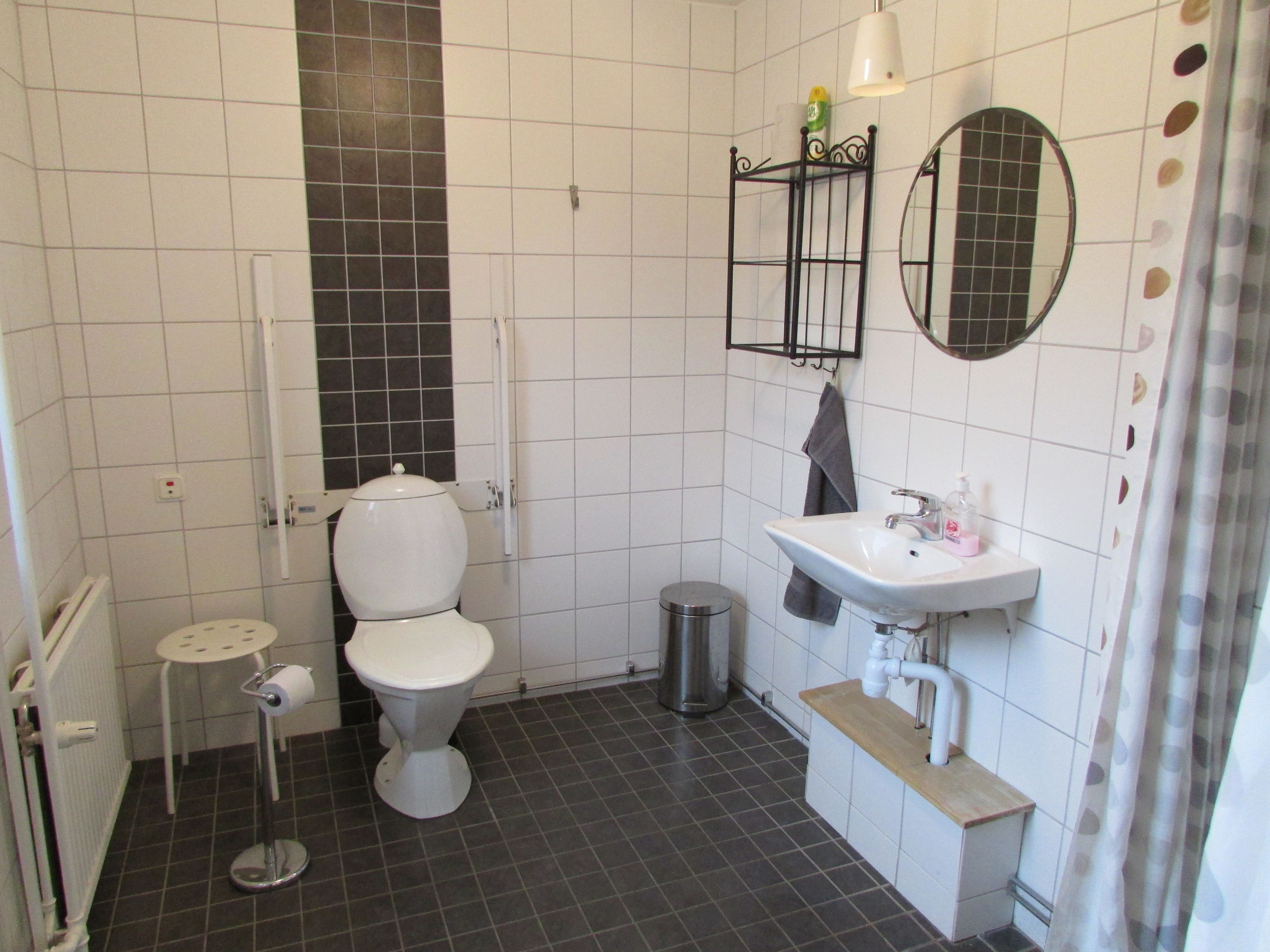 A bathroom with a toilet, sink, and mirror.