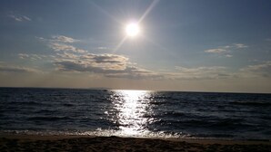 Una playa con el sol reflejado en el agua.
