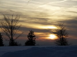 Un paisaje nevado con siluetas de árboles contra un cielo al atardecer.