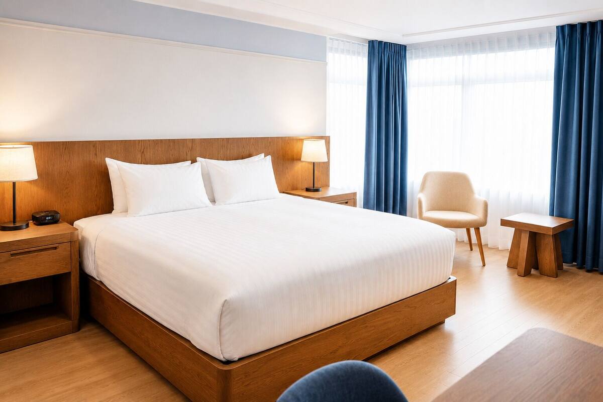 Habitación de hotel con una cama grande, dos mesitas de noche, una silla, una pequeña mesa y una ventana con cortinas.