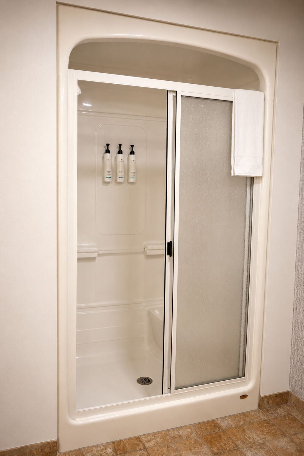 Une douche à l’italienne avec une porte en verre, une serviette accrochée sur le côté droit et trois bouteilles de shampoing fixées au mur.