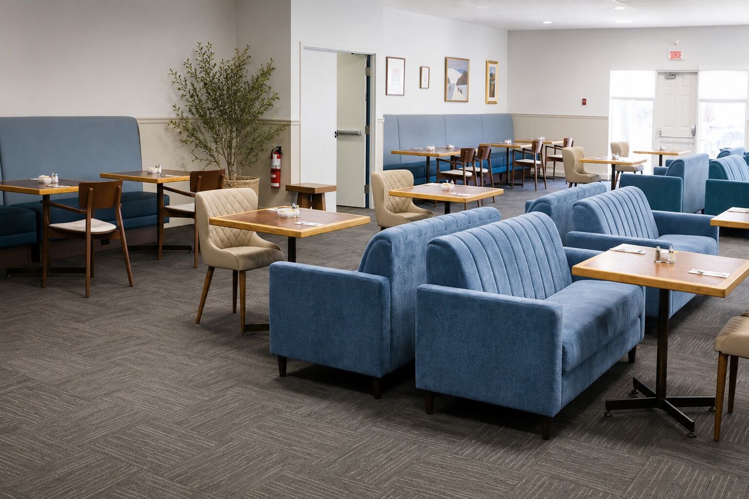 A hotel lobby with seating areas, tables, and a fire extinguisher.
