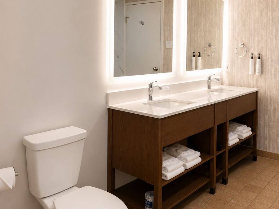 Een moderne badkamer met toilet, een wastafelmeubel met dubbele wastafel en een grote spiegel.