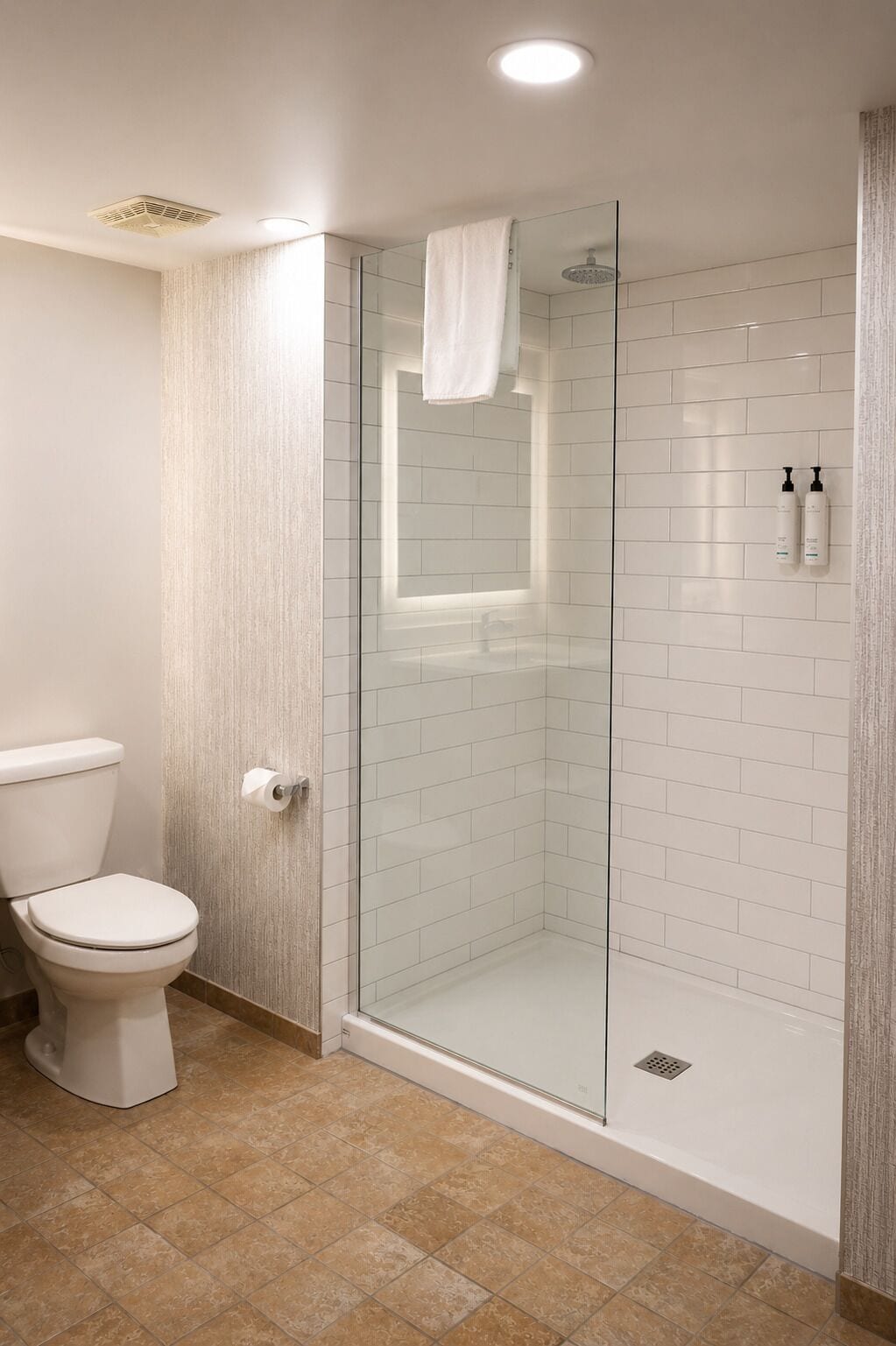 Combined shower/tub, hair dryer, towels, soap