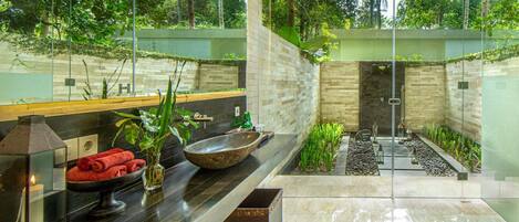 A modern bathroom with a large mirror, a bowl sink, a shower, and a small garden area.