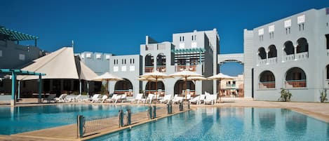 Outdoor pool, pool umbrellas, pool loungers