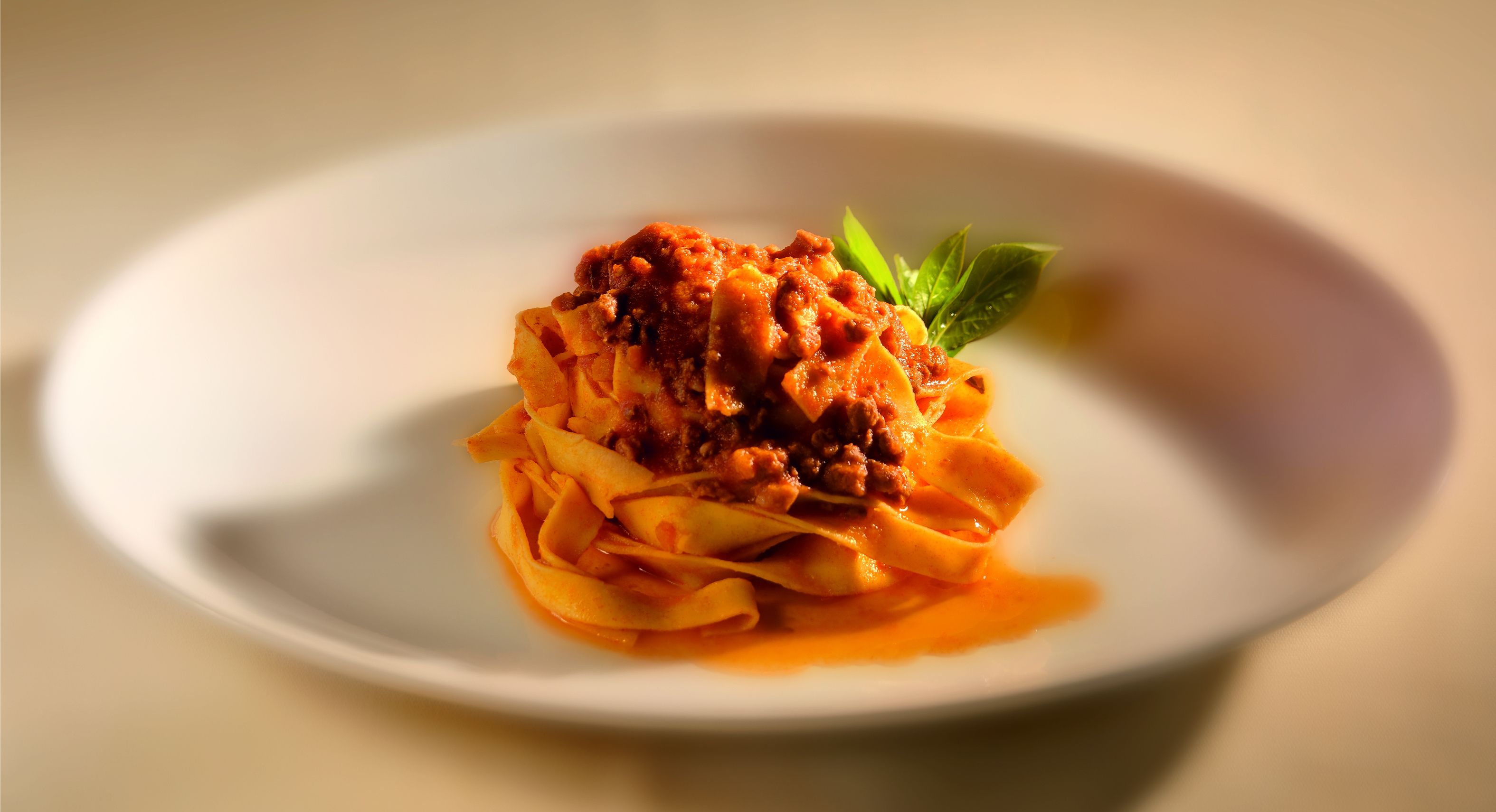 Un plato de pasta con salsa de tomate y un adorno de hojas verdes.