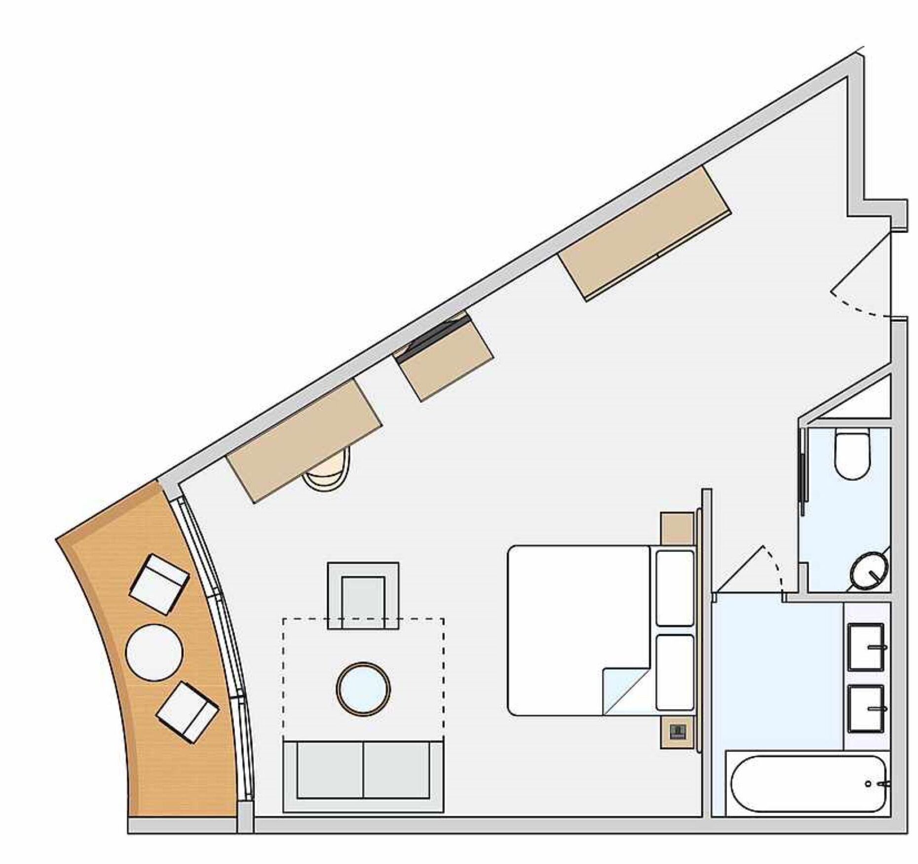 A floor plan of a hotel room with a kitchenette, a dining area, and a bathroom.