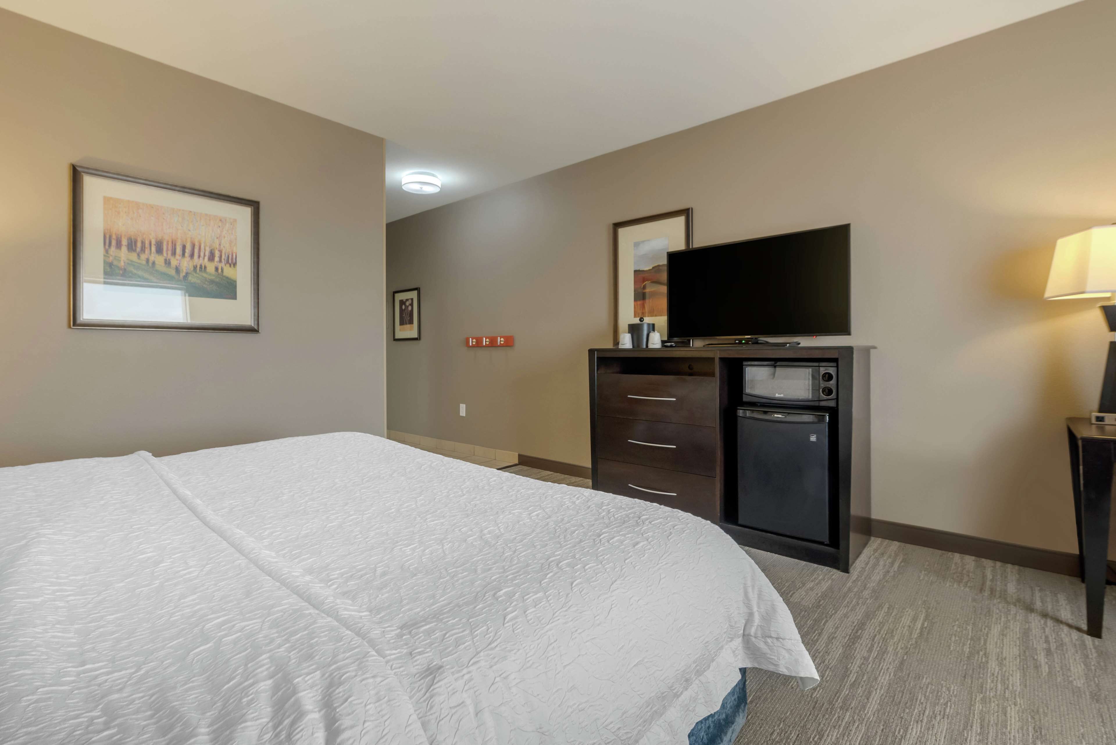 A hotel room with a large bed, a flat-screen TV, a microwave, and a small cabinet.