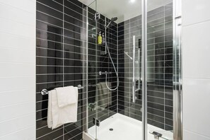 Shower, hair dryer, towels