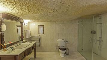 A bathroom with a double sink, a toilet, a shower, and a large mirror.