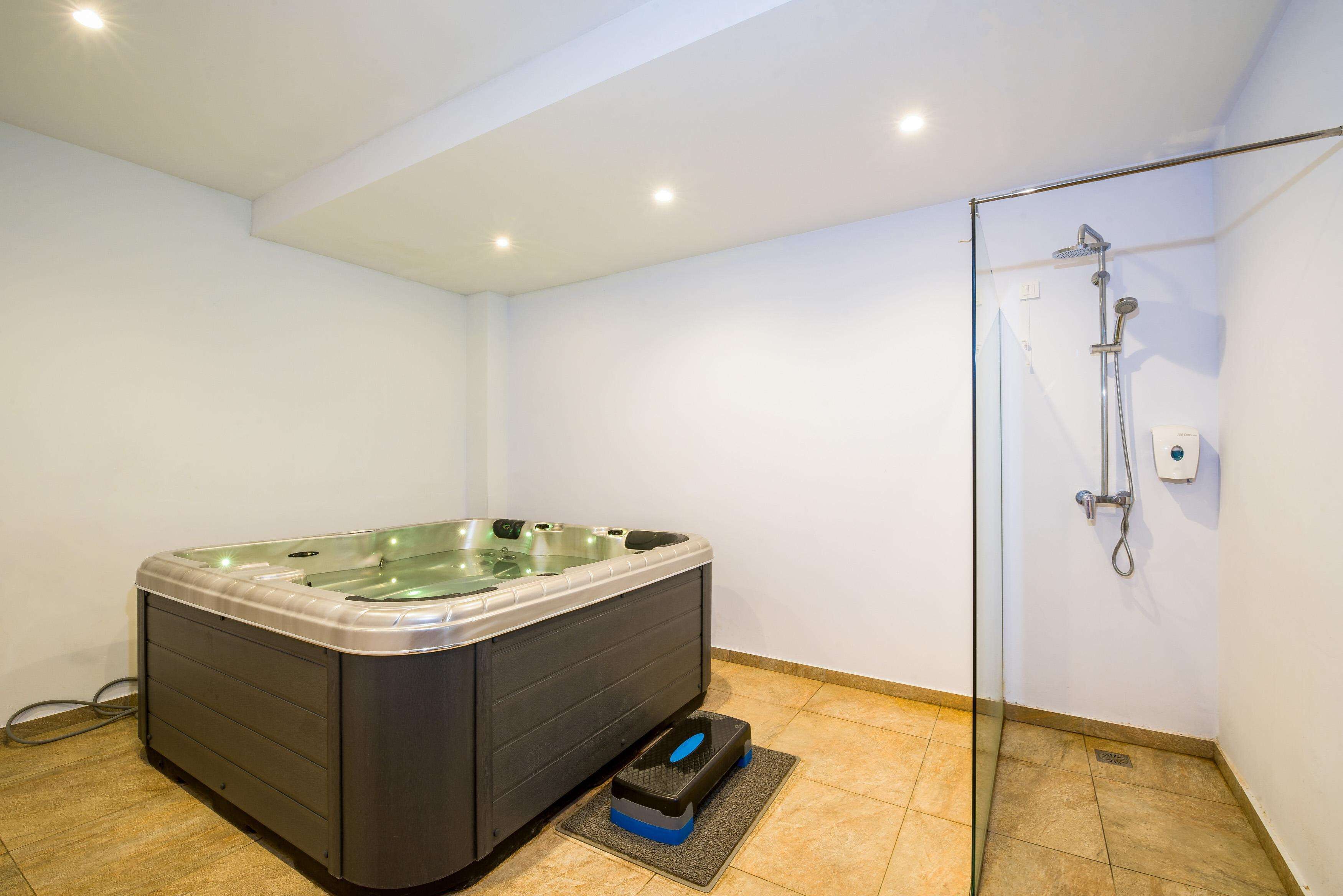 A modern bathroom with a glass-enclosed shower, a built-in hot tub, and a small step for accessibility.