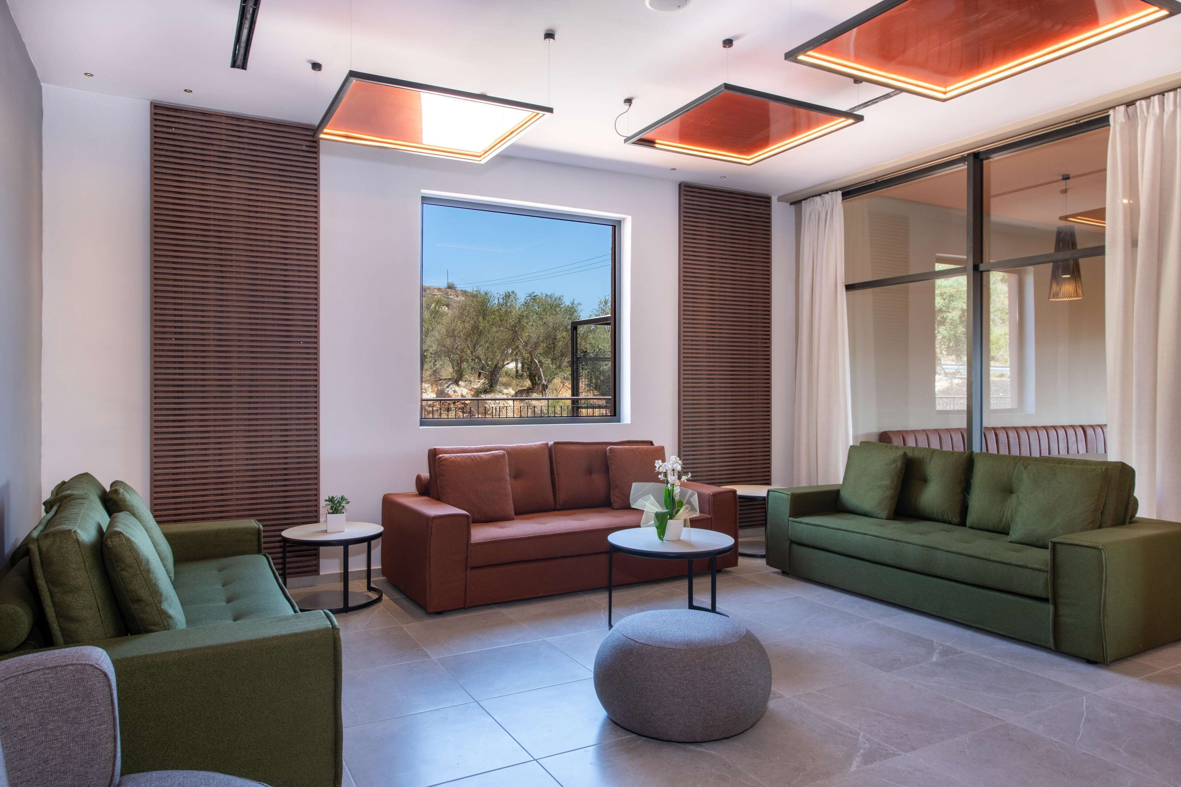 A modern living room with two sofas, a round ottoman, and a small table with a plant.