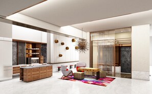 A modern interior with a kitchen area, a seating area with a colorful rug, and a large window with curtains. - Hyatt Herald Square New York (New York)