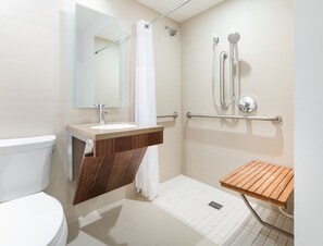 Room, 1 King Bed, Accessible (with Shower) | Bathroom | Shower, free toiletries, hair dryer, bathrobes
