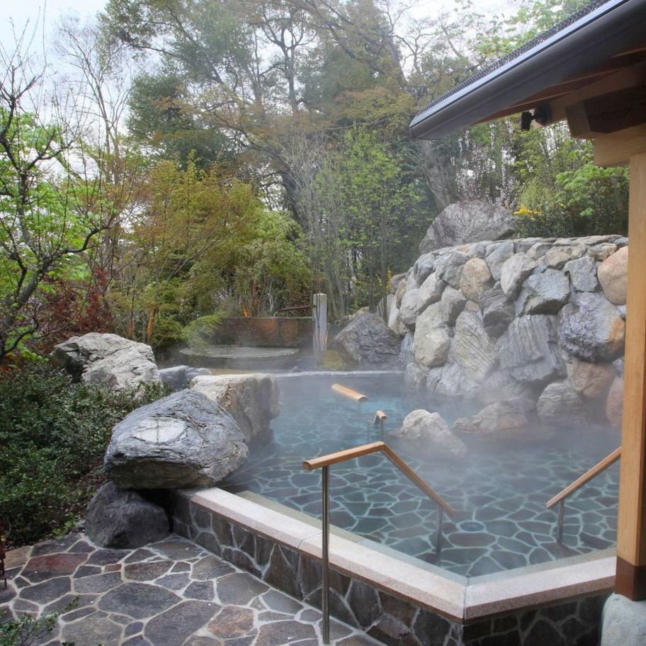 A hot spring area with stone steps, wooden railings, and a stone wall backdrop.
