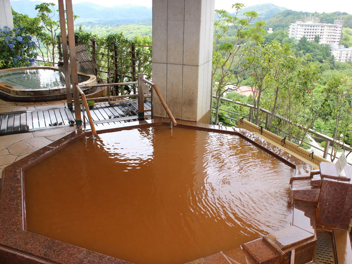 A hot spring bath area with wooden steps leading into the water, surrounded by a wooden railing.