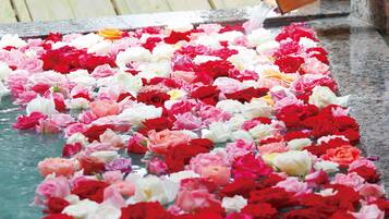 A stone floor with a row of water and flowers.